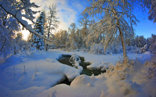 Snowy forest stream blue sky 2 - free winter wallpaper