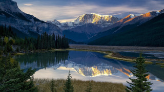 Mountain lake forest sunset waterfall - tree and grass free wallpaper