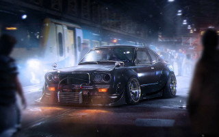 Rainy night car street train - artstation hq free wallpaper