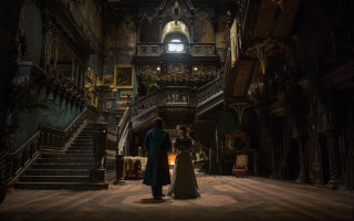 Man woman staircase clock window - free christmas wallpaper