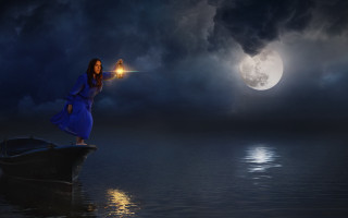 Woman blue dress boat moonlight - ann thetis blacker free wallpaper