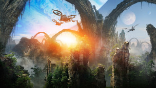 Futuristic forest flying man giant - cedric peyravernay free wallpaper
