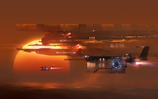 Futuristic space ship sunset cityscape - orange glow free wallpaper