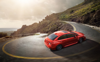 Red car ocean mountain sunny 2 - winding free wallpaper for desktop