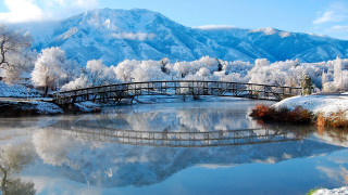 Mountain river bridge snowy forest - beautiful scenery free wallpaper