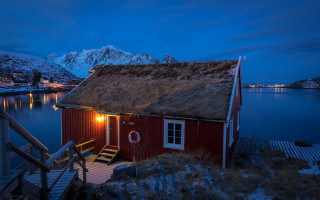 Red cabin dock mountain architecture - window free wallpaper for desktop