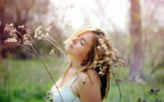 Woman standing field flowers closed - a field of flowers and grass free wallpaper