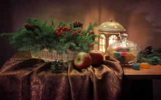 Fruit basket lantern stilllife photorealistic - pine free wallpaper for desktop