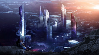 Woman cityscape skyscrapers mattepainting sci - the city free wallpaper