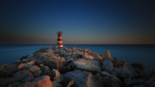Lighthouse rocky shore night moon 2 - free light wallpaper