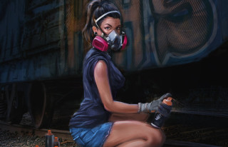 Woman gasmask sitting traintrack denim - a can of soda free wallpaper