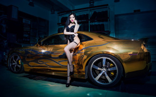 Woman black lingerie gold car - a black lingerie free wallpaper for desktop