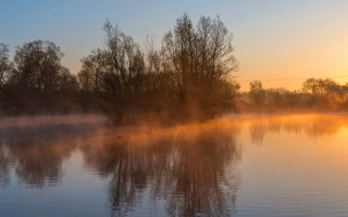 Lake fog mountains sunset birds - impressionism free wallpaper