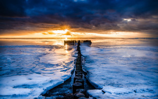 Ice pier sunset ocean clouds - frozen free wallpaper for desktop
