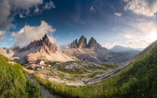 Mountain range house clouds forest - ultra wide angle free wallpaper