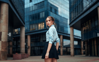 Woman building suitcase cityscape neoism - a suitcase free wallpaper