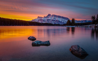 Mountain reflection lake sunset trees - rock free wallpaper for desktop