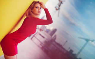 Woman red dress yellow wall - constructivism free wallpaper for desktop
