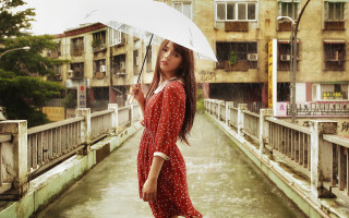 Woman red dress umbrella bridge - an umbrella over her head free wallpaper