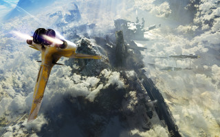 Yellow plane mountain clouds starwars - over a mountain free wallpaper