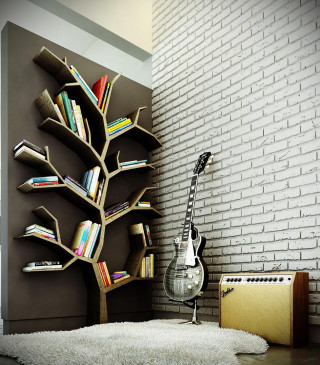 Guitar book shelf brick wall - the floor free wallpaper for tablet