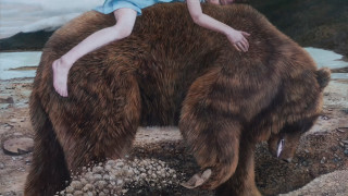 Woman bear rock large brown - detailed oil painting free wallpaper