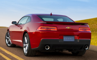 Red chevrolet camaro country road - the rear end of the car free wallpaper