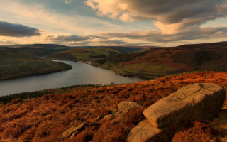 Large rock green hillside lake - hillside free wallpaper