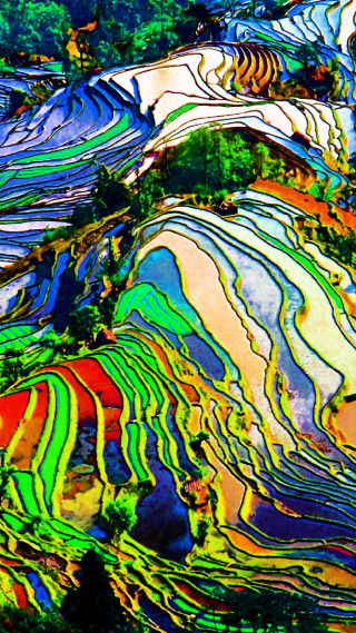 Colorful painting mountain range trees - a blue sky above free wallpaper for mobile