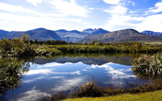 Lake mountains grass clouds sky - mountain and grass free wallpaper