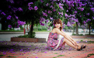 Woman purple flower garden portrait - purple flower and trees free wallpaper