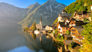 Lake houses mountains church bridge - house free wallpaper