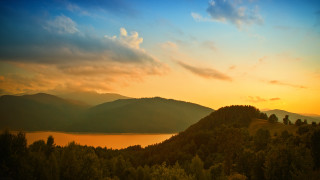 Sunset mountain lake trees horizon 2 - a few hill free wallpaper