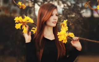 Red haired woman flowers autumn - long red hair holding free wallpaper