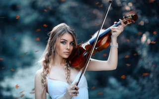 Woman white dress violin forest - a violin free wallpaper