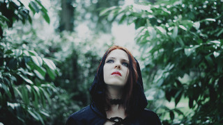 Woman redhair hoodie forest sky - her eye free wallpaper