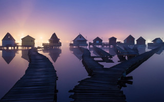 Dock houses dusk foggy sky - foggy free wallpaper