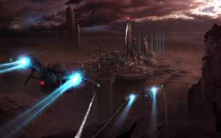 Futuristic city spaceship blue lights - free sci-fi wallpaper