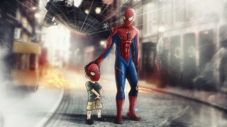 Spiderman littleboy street building rain - a little boy free wallpaper