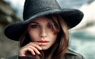 Woman hat jacket pose Eszter - her chin free wallpaper