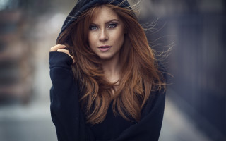 Woman hooded blonde portrait blurry - a black sweater free wallpaper