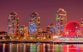 Vancouver ferris wheel cityscape night - vibrant colour free wallpaper