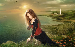 Woman red dress cliff ocean 2 - a cliff free wallpaper for desktop