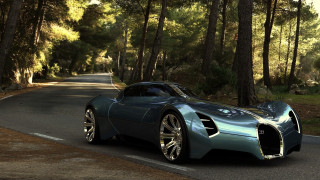 Blue sports car woods road - pearlescent free wallpaper