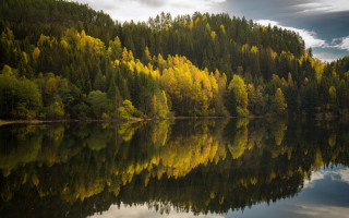 Lake trees clouds reflections autumn - reflection free wallpaper for desktop