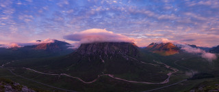 Mountain road clouds river sunset - rich moody colour free wallpaper
