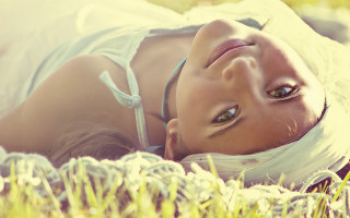 Woman laying grass portrait dandelion - her chest free wallpaper for desktop