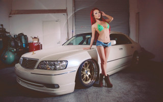 Woman bikini whitecar garage redhair - a garage door open free wallpaper