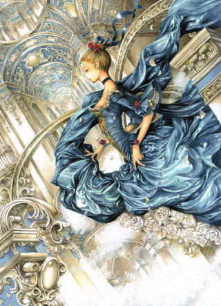 Woman blue dress staircase dog - a painting of a woman free wallpaper for mobile