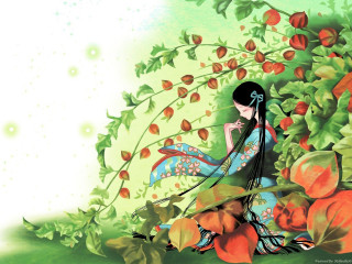 Woman flower ground tree red - ground next free wallpaper